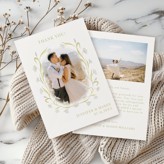 Classic Olive Green Tulips Floral Wedding Photo Thank You Card (Creator Uploaded)