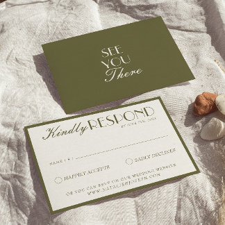 Classic Olive Green White Old Money Fancy Wedding RSVP Card