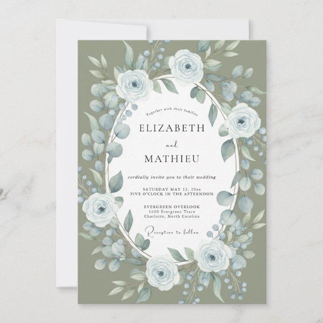 Classic Olive Periwinkle Leaf Wedding Invitation (Front)