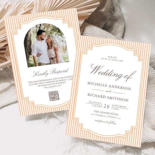 Classic Orange Striped Photo QR Code Wedding Invitation (Creator Uploaded)
