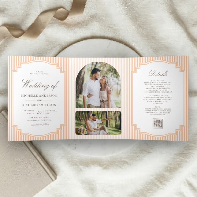 Classic Orange Striped Photo QR Code Wedding Tri-Fold Invitation (Creator Uploaded)