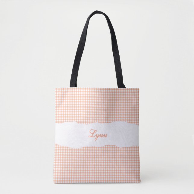 Classic Orange & White Gingham | Personalized Name Tote Bag (Front)