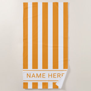 Classic Orange White Striped Beach Towel with Name