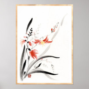 Classic oriental chinese sumi-e ink flowers paint poster