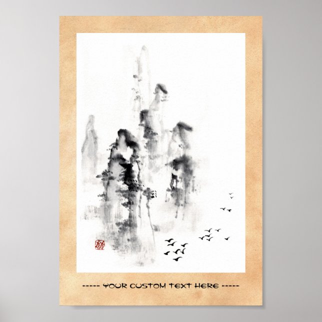 Classic oriental chinese sumi-e ink mountain scene poster (Front)