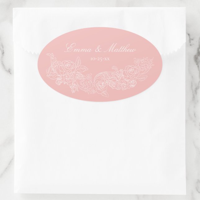 Classic Ornament Blush Pink Wedding Monogram Oval Sticker (Bag)