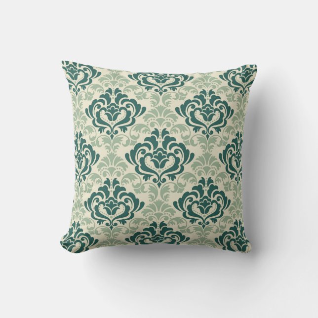 Classic Ornamental Damask Green Floral Cushion (Front)