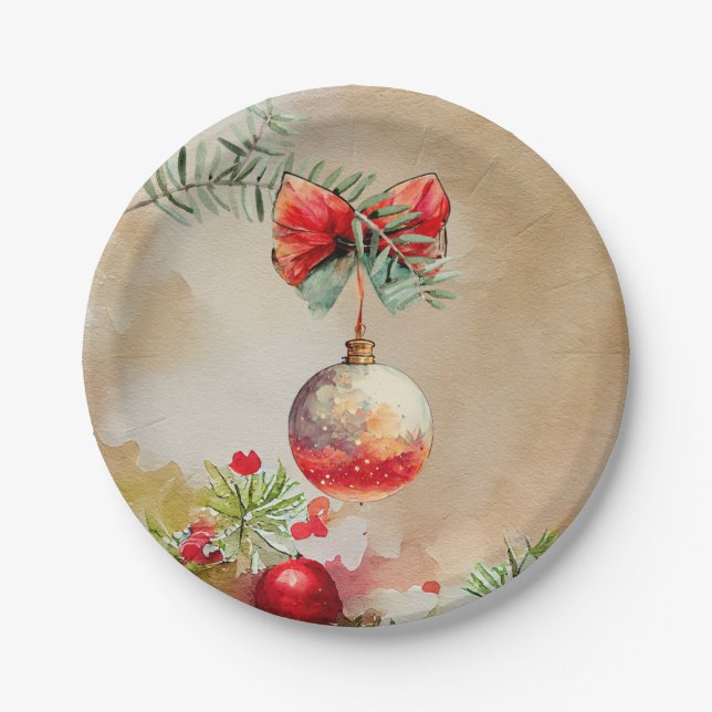 Classic Ornaments with Pine Branches Paper Plate (Front)