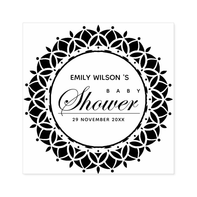 CLASSIC ORNATE MANDALA CUSTOM SCRIPT BABY SHOWER RUBBER STAMP (Imprint)
