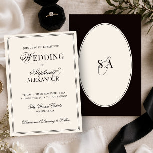 Classic Oval Retro Black & Ivory Old Money Wedding Invitation