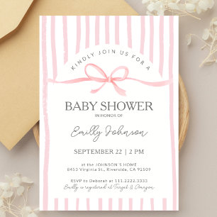 Classic Painted Pink Stripes Ribbon Baby Shower Invitation