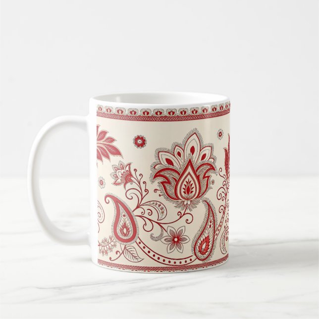 Classic Paisley Garden Motif – Red & Beige Decorat Coffee Mug (Left)