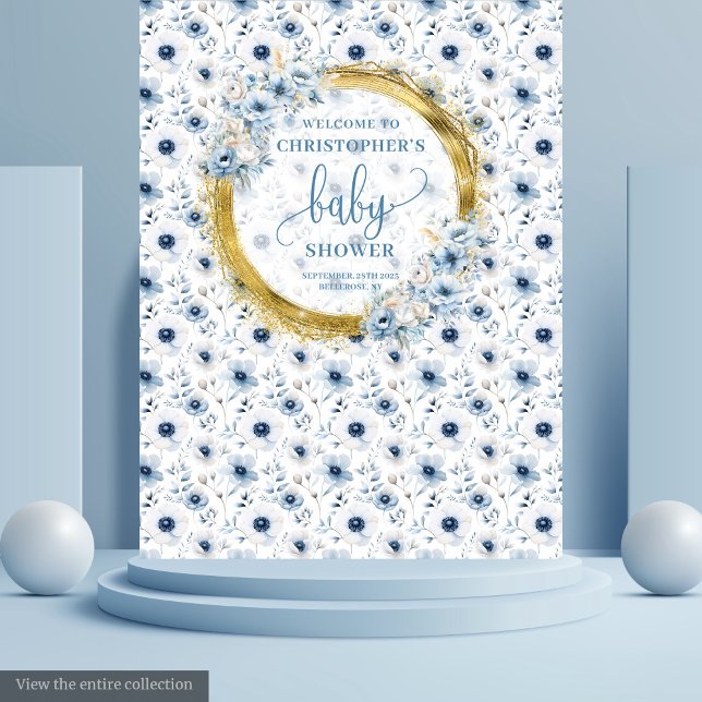 Classic pastel blue flowers gold baby shower photo tapestry (Classic pastel blue flowers gold baby shower photo Tapestry)