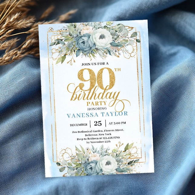 Classic pastel blue gold script 90th birthday  invitation (Classic pastel blue gold script 90th birthday invitation)