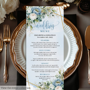 Classic Pastel Blue Peonies Gold Glitter Dinner Menu