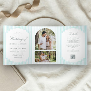 Classic Pastel Blue Striped Photo QR Code Wedding Tri-Fold Invitation