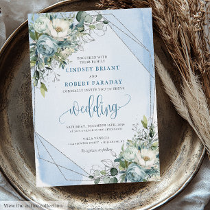 Classic Pastel Blue White Silver Roses Wedding  Invitation