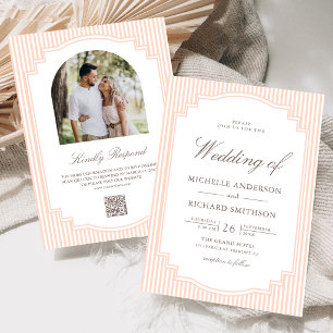 Classic Pastel Peach Striped Photo QR Code Wedding Invitation