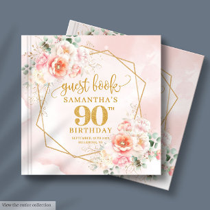 Classic Pastel Pink Gold Flowers 90th Birthday Guest Book