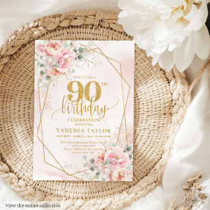 Classic Pastel Pink Gold Flowers 90th Birthday Invitation