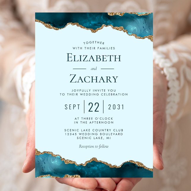 Classic Pastel Teal Gold Agate Wedding Invitation (Creator Uploaded)