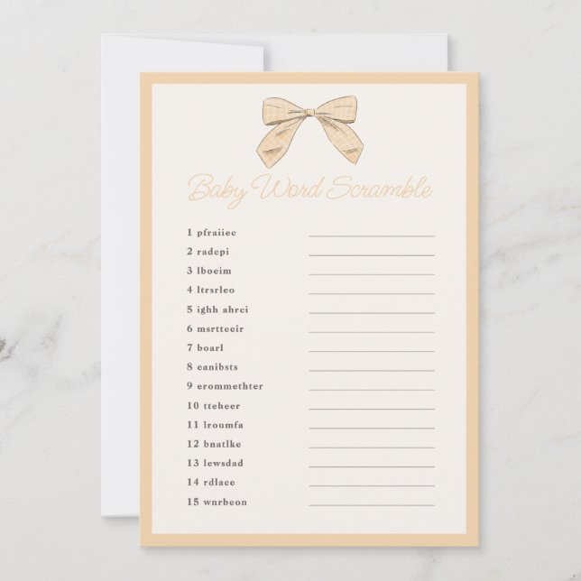 Classic Peach Bow Baby Shower Word Scramble Game Invitation (Front)