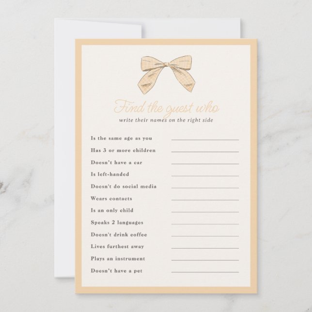Classic Peach Bow Find the Guest Shower Game Card (Front)