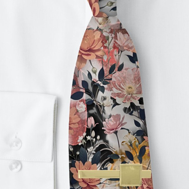 Classic Peach Pink Black Floral  Tie (Creator Uploaded)