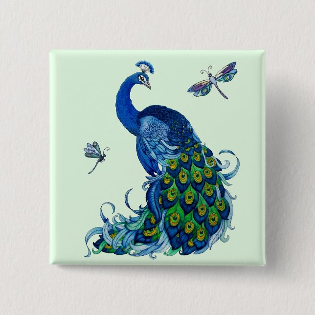 Classic Peacock and Dragonfly Design 15 Cm Square Badge (Front)