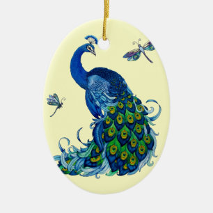 Classic Peacock and Dragonfly Design Ceramic Ornament