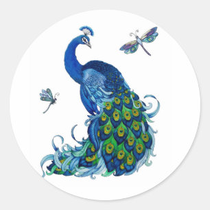 Classic Peacock and Dragonfly Design Classic Round Sticker