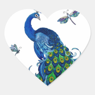 Classic Peacock and Dragonfly Design Heart Sticker