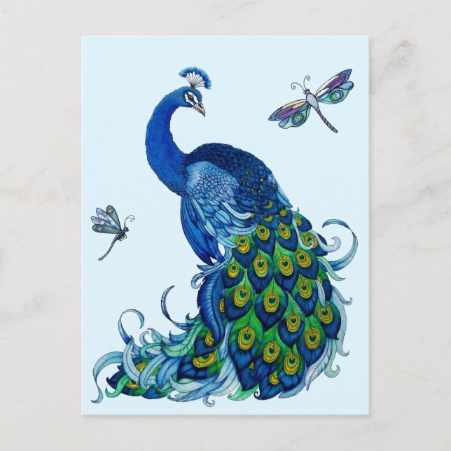 Classic Peacock and Dragonfly Design Postcard (Front)