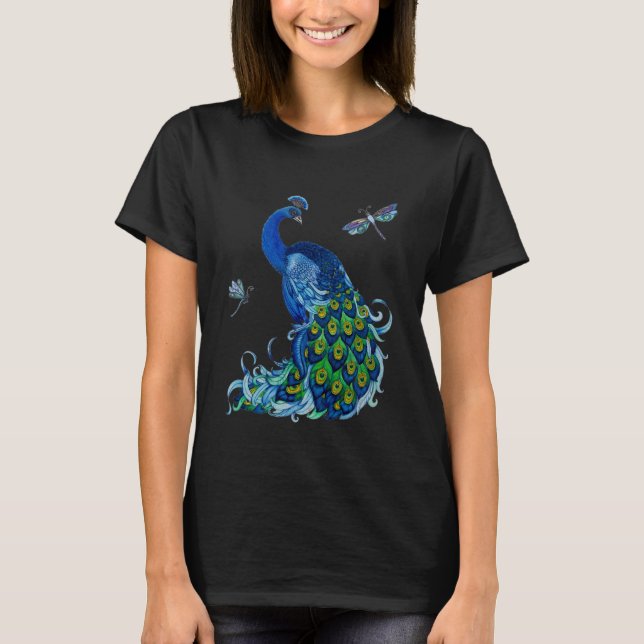 Classic Peacock and Dragonfly Design T-Shirt (Front)