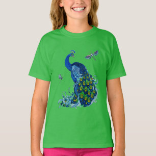 Classic Peacock and Dragonfly Design T-Shirt