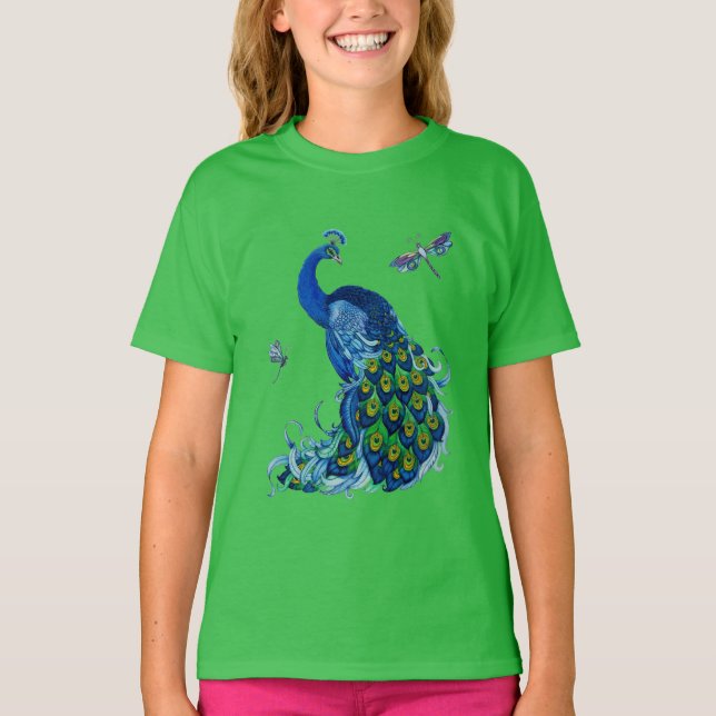 Classic Peacock and Dragonfly Design T-Shirt (Front)
