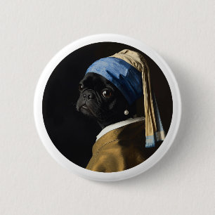 Classic Pearl Portrait–Inspired Black Pug Art 6 Cm Round Badge