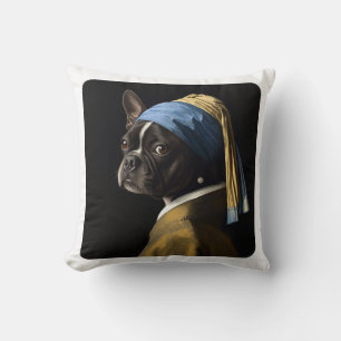 Classic Pearl Portrait–Inspired Black Pug Art Cushion