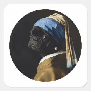 Classic Pearl Portrait–Inspired Black Pug Art Square Sticker
