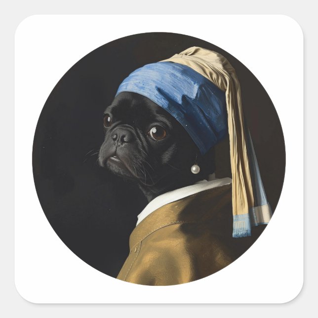 Classic Pearl Portrait–Inspired Black Pug Art  Square Sticker (Front)