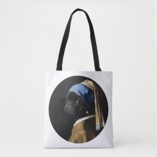 Classic Pearl Portrait–Inspired Black Pug Art Tote Bag