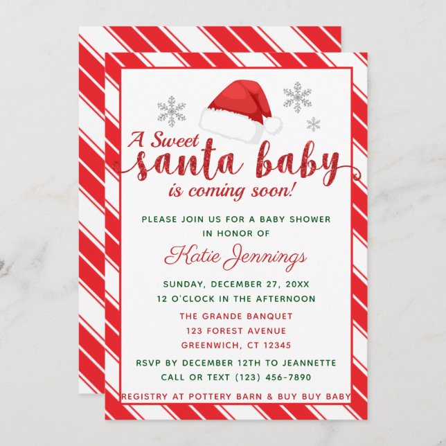 Classic Peppermint Stripe Santa Baby Shower Invitation (Front/Back)