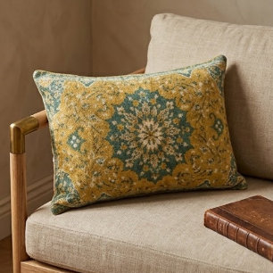 Classic Persian Mustard with Teal Floral Accents Decorative Cushion
