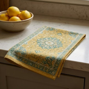 Classic Persian Mustard with Teal Floral Accents Tea Towel