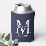 Classic Personalised Groomsman Monogram and Name Can Cooler<br><div class="desc">Classic Personalised Groomsman Gifts
featuring personalised groomsman's monogram,  name and title in white classic serif font style on navy blue background.

Also perfect for Best Man,  Father of the Bride and more.</div>