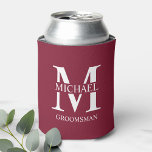 Classic Personalised Groomsman Monogram and Name Can Cooler<br><div class="desc">Classic Personalised Groomsman Gifts
featuring personalised groomsman's monogram,  name and title in white classic serif font style on burgundy red background.

Also perfect for Best Man,  Father of the Bride and more.</div>