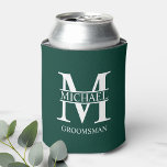 Classic Personalised Groomsman Monogram and Name Can Cooler<br><div class="desc">Classic Personalised Groomsman Gifts
featuring personalised groomsman's monogram,  name and title in white classic serif font style on emerald green background.

Also perfect for Best Man,  Father of the Bride and more.</div>
