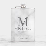 Classic Personalised Groomsman Monogram and Name Hip Flask<br><div class="desc">Classic Personalised Groomsman Gifts featuring personalised monogram, groomsman's name and title in grey classic serif font style on white marble background. Also perfect for best man, father of the bride and more. Please note: The marble details are simulated in the artwork. No actual marble will be used in the making...</div>