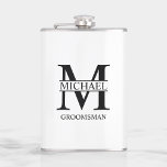Classic Personalised Groomsman Name Hip Flask<br><div class="desc">Classic Personalised Groomsman Gifts
featuring personalised groomsman's monogram and name,  with title in black classic serif font style on white background.

Also perfect for Best Man,  Father of the Bride and more.</div>