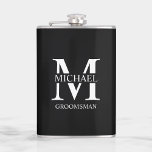 Classic Personalised Groomsman Name Hip Flask<br><div class="desc">Classic Personalised Groomsman Gifts
featuring personalised groomsman's monogram and name,  with title in white classic serif font style on black background.

Also perfect for Best Man,  Father of the Bride and more.</div>